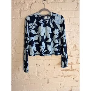 Kona Sol Blue Floral Long Sleeve Rash Guard Crop Swim Top Large Summer Beach
